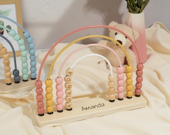 Personalized Rainbow Abacus, Montessori Wooden Baby Toy, Engraved Nursery Decor