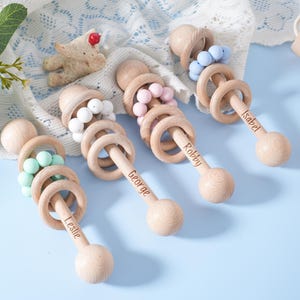 Personalized Wooden Baby Rattle: Engraved Beech Wood Newborn Gift