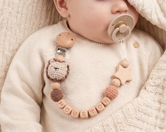 Crocheted Animal Pacifier Clip: Personalized Wooden Name Binky Holder