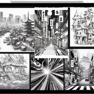Puede incluir: Un dibujo digital de una colección de ilustraciones en blanco y negro de diferentes paisajes urbanos y edificios. Las ilustraciones incluyen una ciudad japonesa, una ciudad de fantasía y una ciudad moderna.