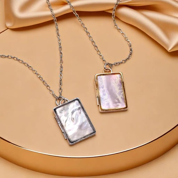 Mother of Pearl Photo Locket Necklace Gold Silver Rectangle