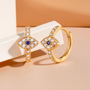 Fashion Blue Evil Eye Small Hoop Earrings, Gold Plated Zircon Cartilage Piercing Jewelry for Women, Perfect Gift for Her, Popular Now.