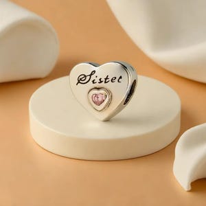 Sister Heart Charm Pink Sisterhood, Trending Silver Family Charms, Unique Gifts for Sisters, Express Love with Cute Pendant and Charm Beads.