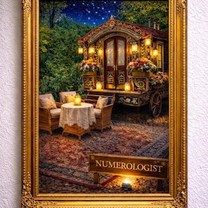 May include: A framed artwork depicts a detailed scene of a gypsy wagon illuminated by lanterns, surrounded by lush greenery and a starry night sky. A sign reads "Numerologist". Wicker chairs and a table with a lace cloth are in front of the wagon.