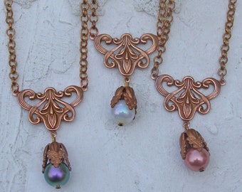 Art Nouveau Flower Necklace with Pearl Drop Rose Gold Color Jewelry Purple Necklace -  Choose Your Bead Drop Color