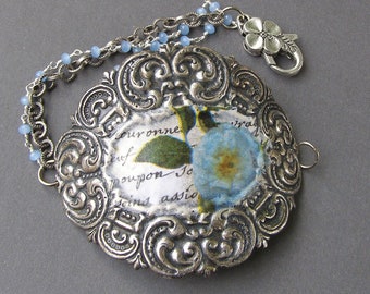 Vintage Style Blue Poppy Flower Bracelet Silver Statement Bohemian Decoupage Nature Inspired Handmade Jewelry