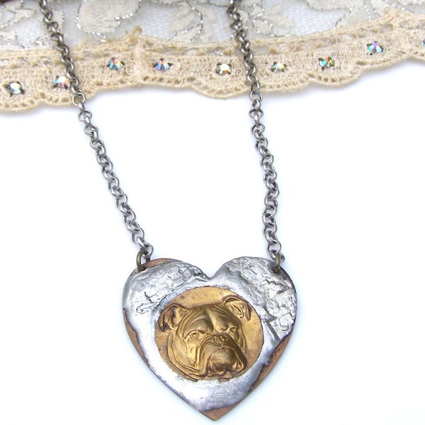 Bulldog Necklace, Rustic Stamped Solder Necklace,  Metalwork Heart Vintage Brass Animal Jewelry  Bull Dog