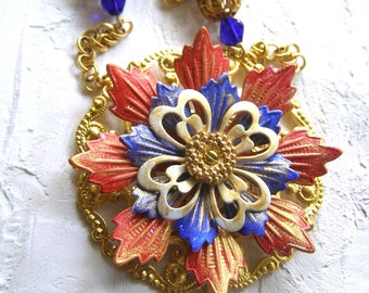 Red White Blue Gold Flower layered Handmade Pendant Necklace,  Cobalt Blue Necklace,  Assemblage Necklace, Jewelry Gift