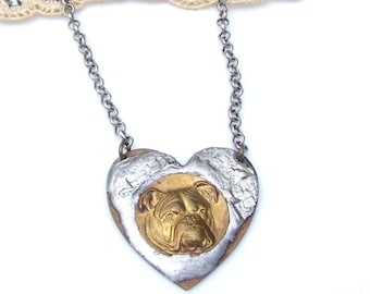 Bulldog Necklace, Rustic Stamped Solder Necklace,  Metalwork Heart Vintage Brass Animal Jewelry  Bull Dog