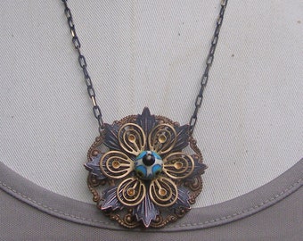 Rustic Layered Flower Necklace, Brass Flower Petals, Artisan Lampwork Glass Peacock Feather Bead, Unique Jewelry