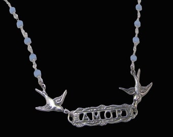 Silver Amor Inspirational Swallow Bird Necklace Unique Handmade Love Sparrow Pendant Message Jewelry Blue Chalcedony Glass Beads