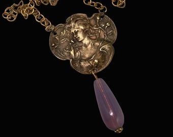 Vintage Art Nouveau Goddess Necklace French Brass Lady in Rose Garden Flower Handmade Jewelry Pink Opaline Opalite Teardrop