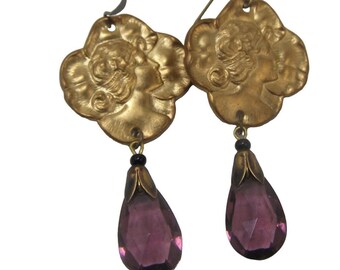 Art Nouveau Goddess Teardrop Earrings, Vintage Purple Amethyst  Glass Dangle Gold Tone Brass Pansy Flower Woman in Headdress