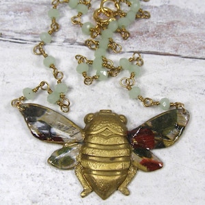 Handmade Vintage Brass Cicada Pendant Necklace: Decoupage Floral Wings