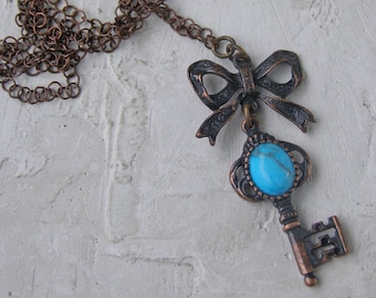 Gothic Skeleton key Necklace Pendant Vintage Style Victorian Goth Ribbon Jewelry Turquoise Blue Howlite Pendant