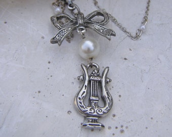 Lyre Necklace, Musical Instrument Necklace, Silver Lyre Jewelry, Pearl Bead Necklace,  Music Lover Gift