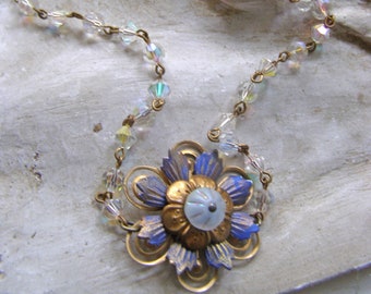 Blue Flower Necklace,  Crystal Bead Necklace, Vintage Assemblage Jewelry, handmade Necklace with Pendant