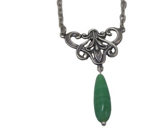 Silver Art Nouveau Flower Necklace Vintage Jade Green teardop Lavalier Pendant