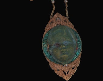 Raku Pottery Victorian Doll Face head Necklace Pendant Vintage Assemblage Eclectic Jewelry