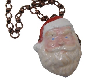 Victorian Style Santa Necklace  Old World Christmas Jewelry Rustic Santa Pottery Assemblage Necklace
