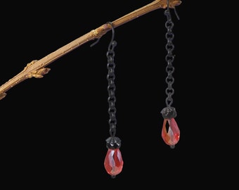 Black and Red Gothic Rolo Chain Dangle Earrings Blood Red Crystal Glass Teardrop Siam Ruby Red