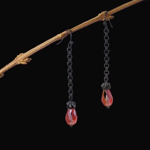 Gothic Blood Red Crystal Teardrop Earrings with Black Rolo Chain - Siam Ruby Dangles