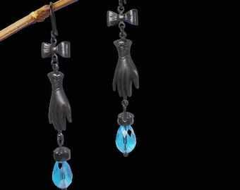 Blue and Black Victorian Gothic Hand Dangle Earrings Ribbon Bow Teardrop Glass Dark Jewelry