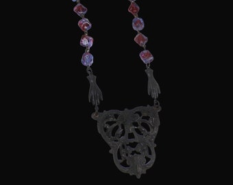 Victorian Gothic Black Filigree Pendant Necklace Gloved Hand Alexandrite Purple Glass Bead Jewelry
