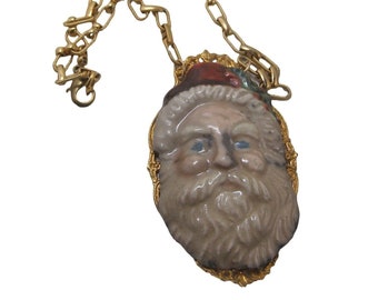 Victorian Style Old World Christmas Santa Necklace Raku Pottery Rustic Santa Assemblage Jewelry Vintage Gold Plated Chain