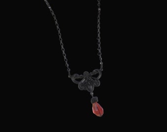 Black and Red Gothic Orchid Flower Necklace Pendant Red Glass Teardrop Lavalier Jewelry