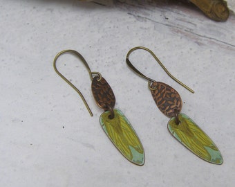 Handmade Cicada Earrings, Insect Jewelry, Green Copper Faux Tin Dangle Earrings, Entomology Jewelry Gift, Shield Shaped Earrings