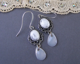 White Earrings Teardrop, Vintage Style Silver Filigree Earrings, White Howlite Earrings