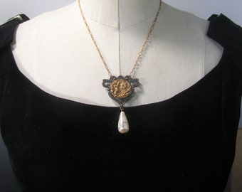 Art Nouveau Lily Flower Necklace Pendant Vintage Assemblage Pearl Teardrop Drop Botanical Jewelry
