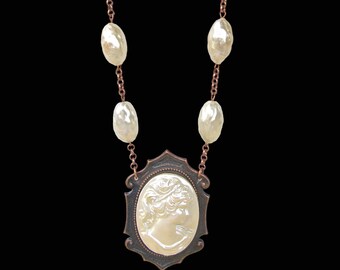 Victorian Style Pearl Cameo Necklace Pearlized White Bumby Pearl Bead