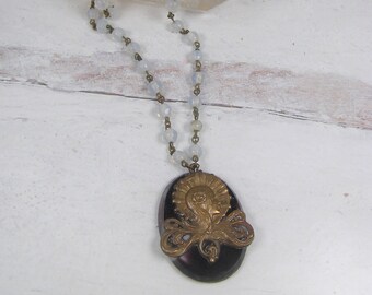 Vintage Brass Art Nouveau Lady Necklace  Purple Glass Opalite Rosary Bead Chain Handmade Pendant