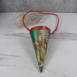 Victorian Style Dresden Candy Container Ornament Vintage Inspired Handmade Christmas Ornament Old World Santa Cone image 1