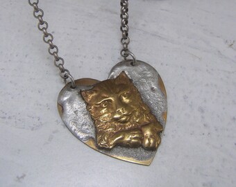 Handmade Brass Cat Rustic Silver Heart Pendant Necklace Rolo Chain Cat Lovers Jewelry