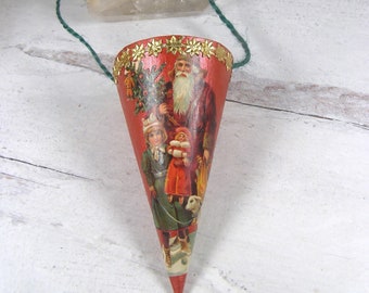 Ornement de conteneur de bonbons Dresde de style victorien - décoration de Noël faite main d'inspiration vintage - vieux cône de père Noël rouge or