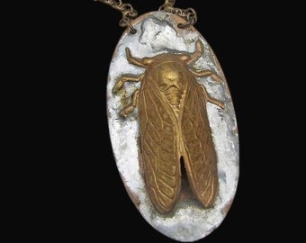 Brass Cicada Necklace Insect Jewelry - Rustic Soldered Mixed Metals Pendant -  Organic Primitive