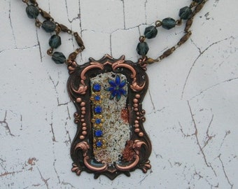 Blue Enamel Flower Necklace Frame Pendant Collage  Montana Blue Glass Bead Multistrand Layered Handmade Necklace