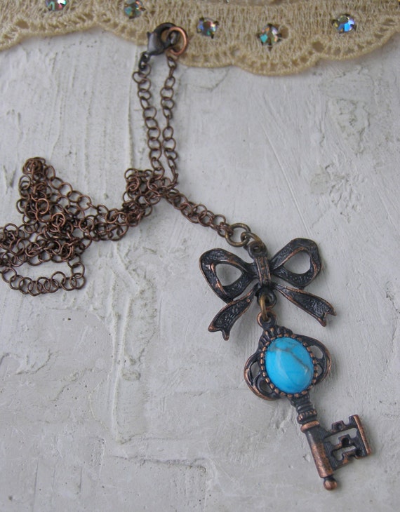 Blue Vintage Key Art Necklace