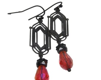 Black Red Gothic Cathedral Window Dangle Earrings Unique Handmade Jewelry Faceted Glass Red Teardrop