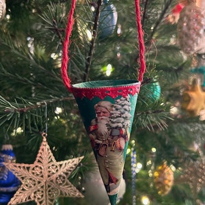 Victorian Style Dresden Candy Container Ornament Vintage Inspired Handmade Christmas Ornament Old World Santa Cone image 2