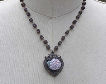 Handmade Vintage Assemblage Porcelain Lavender Flower Heart Necklace Garnet Purple Red Rosary Bead Necklace -