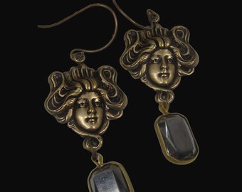 Art Nouveau Inspired Goddess Dangle Earrings Vintage Channel Set Hematite Gray Glass Drops Heirloom Jewelry