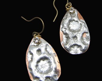 Rustic Teardrop Copper Flower Earrings Hand Stamped Silver Mixed Metal Jewelry Relic Primitive Folk Art