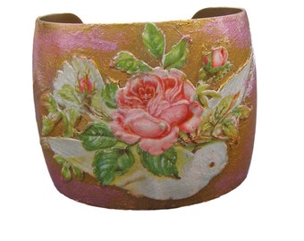 White Peace Dove Wide Bird Cuff Bracelet Vicotrian Die Cut Decoupage Pink Rose Garden Flower Mixed Media Art Jewelry