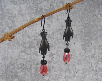 Victorian Gothic Glove Hand Dangle Earrings, Black Red Teardrop Earrings, Unique Handmade Jewlery,