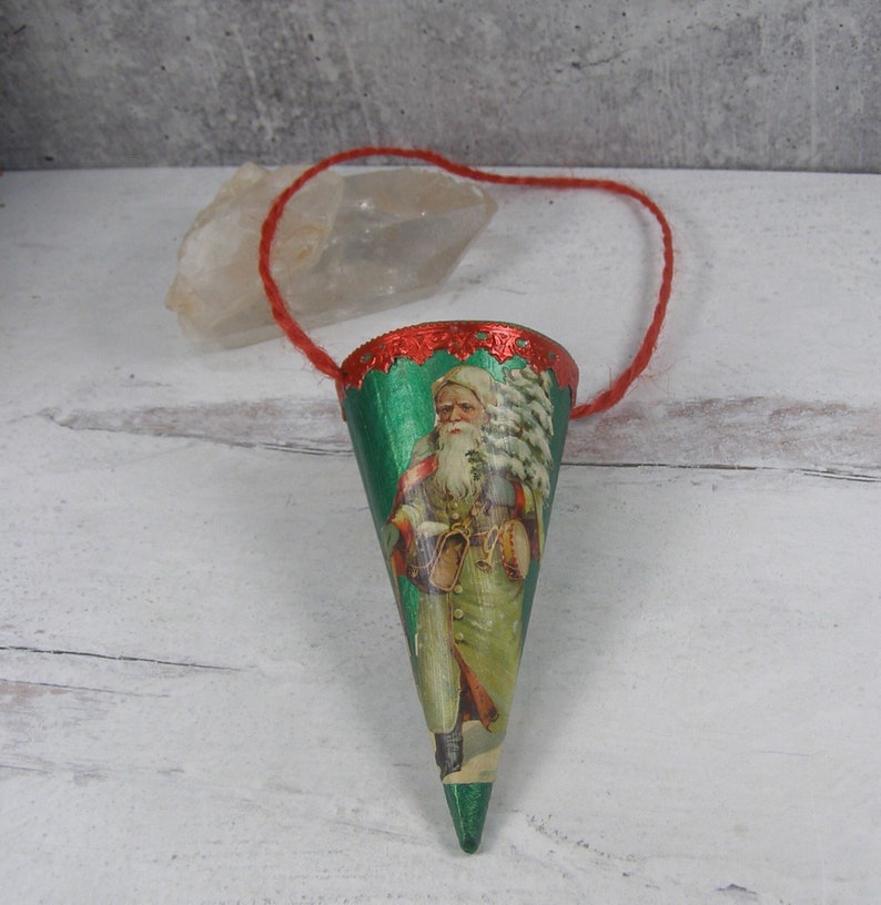 Victorian Style Dresden Candy Container Ornament Vintage Inspired Handmade Christmas Ornament Old World Santa Cone image 1
