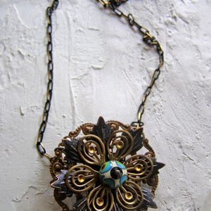 Rustic Layered Flower Necklace, Brass Flower Petals, Artisan Lampwork Glass Peacock Feather Bead, Unique Jewelry image 3